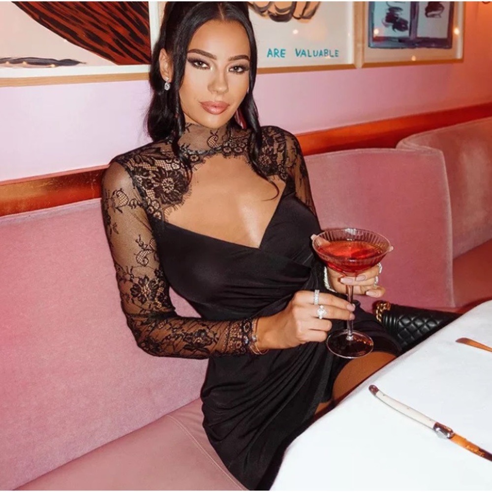 Sexy Black Eyelash Lace Long Sleeve Cocktail Dress - Picture 2 of 8